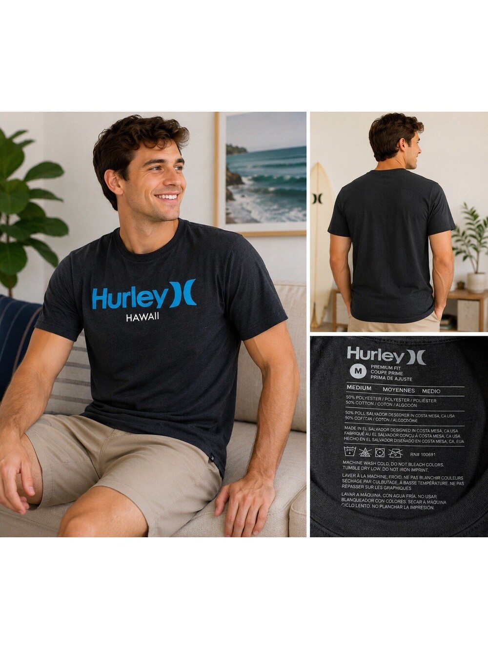 Hurley Hawaii Menâs Medium Premium Fit T-Shirt Black Blue Logo Surf Skate Tee